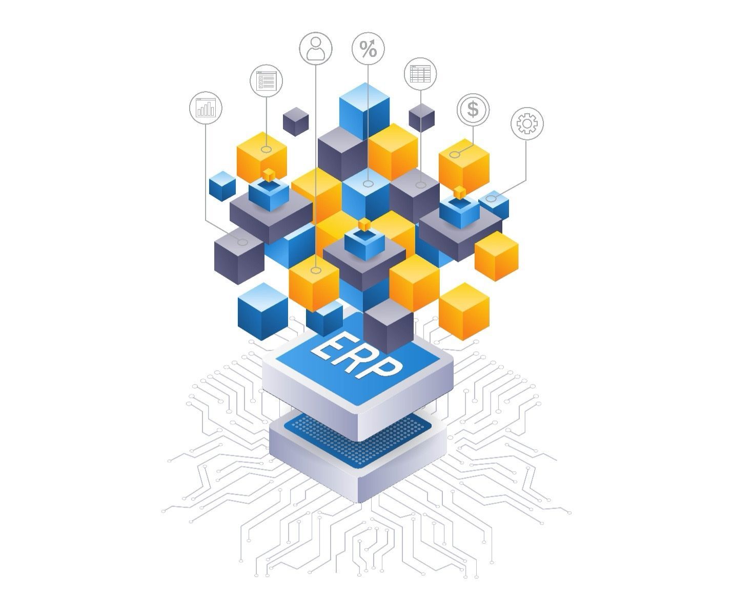 An isometric illustration of a cube with the word erp on it.
