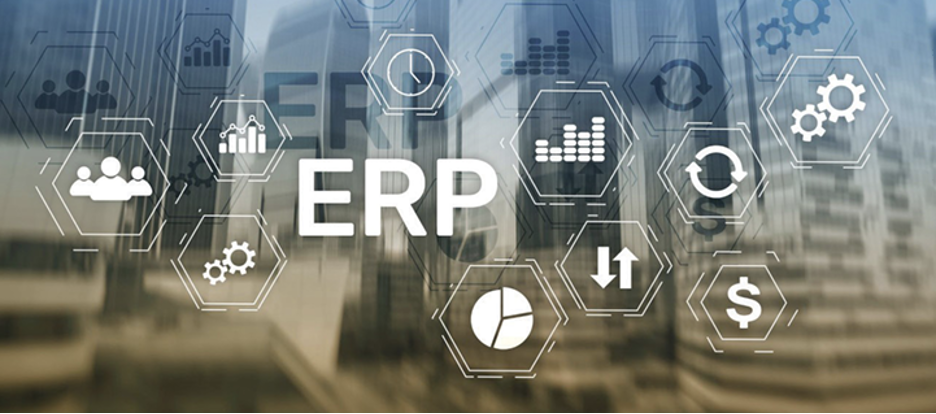 A blurred image of a city with the word erp and icons.