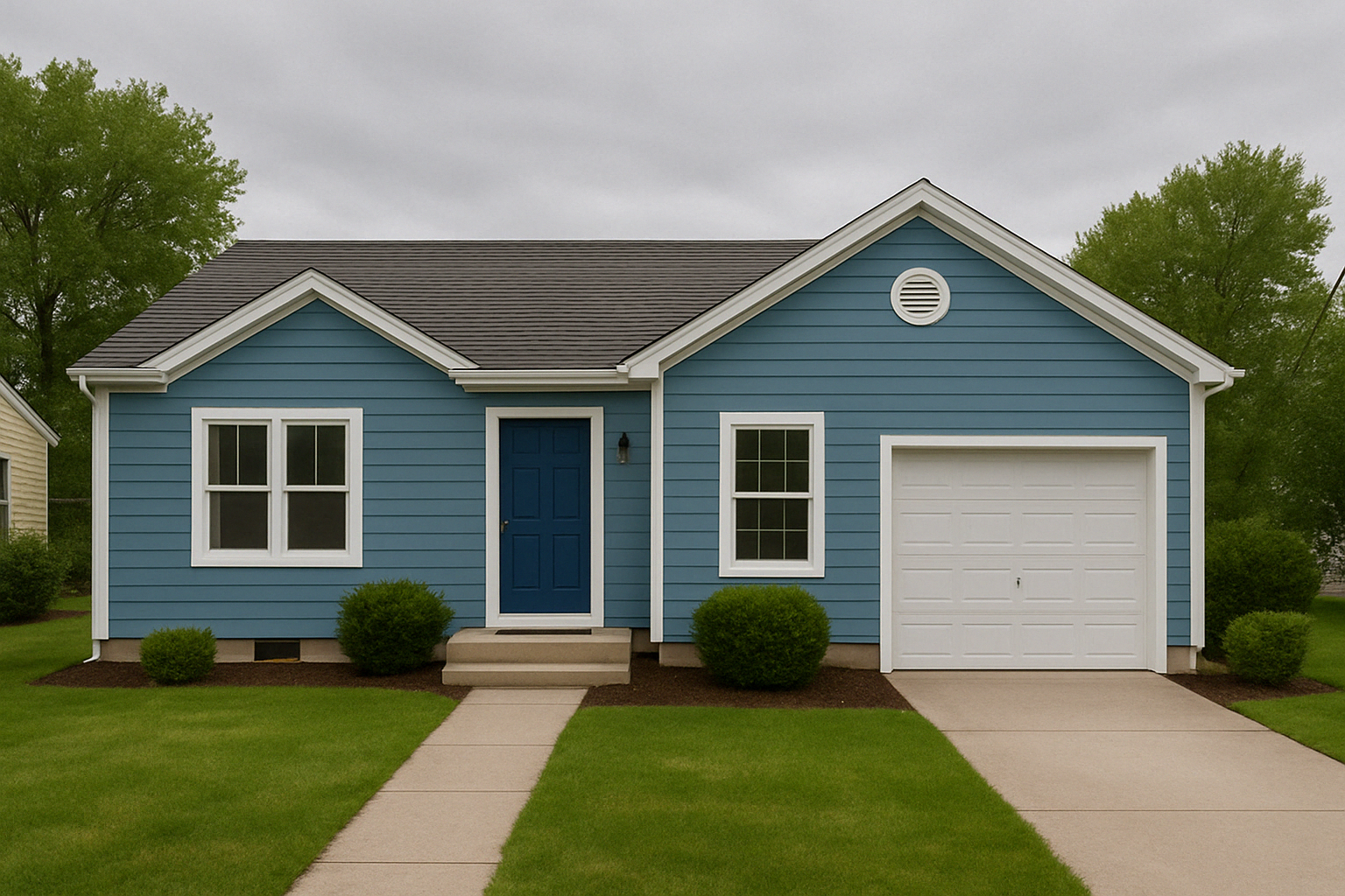 Blue bungalow with white trim, door, and garage door on a grassy lot under a cloudy sky.