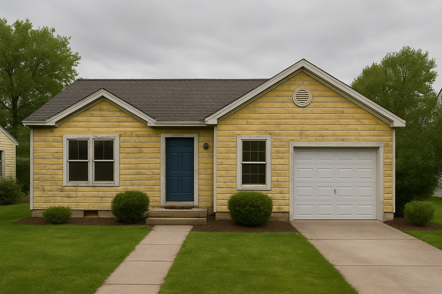 Yellow house with blue door and attached garage, gray roof, on green lawn.