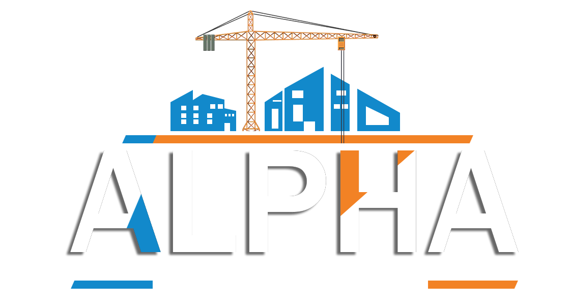 Logo for Alpha construction company, featuring buildings, a crane, and the word 