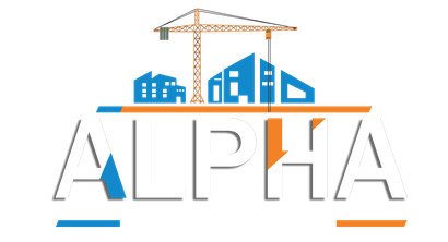 Logo for Alpha construction company, featuring buildings, a crane, and the word 