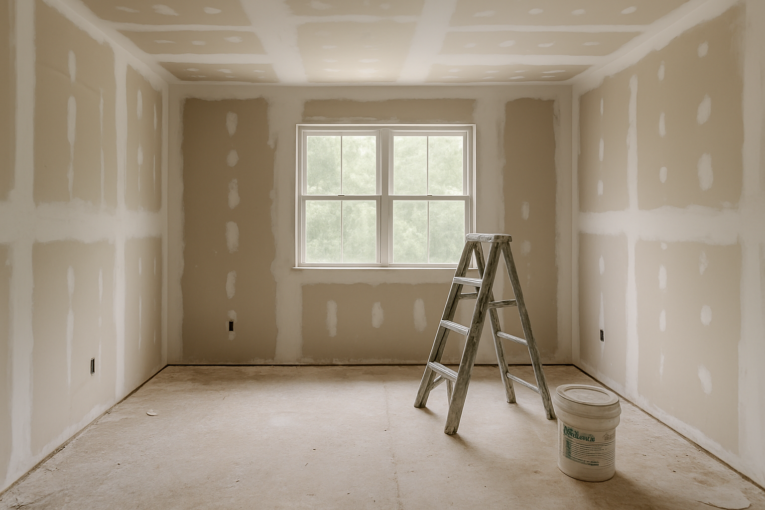 Interior room under construction with drywall and a ladder.