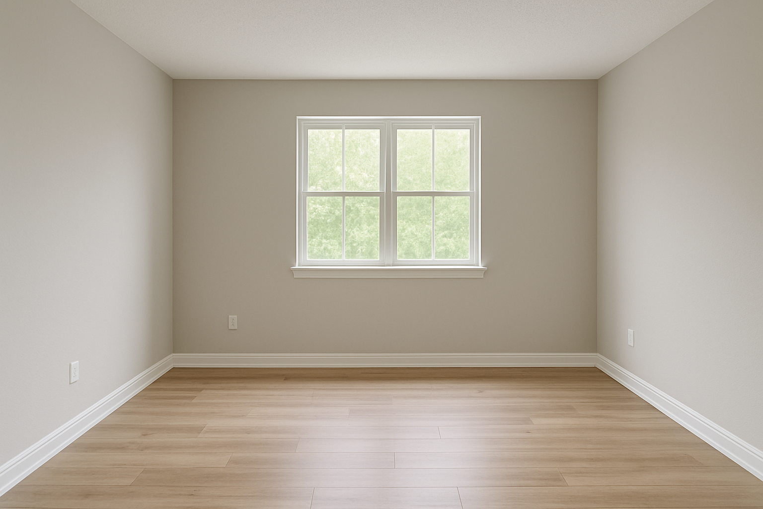 Empty room with light-colored walls and wood-look flooring. A window centered in the back.