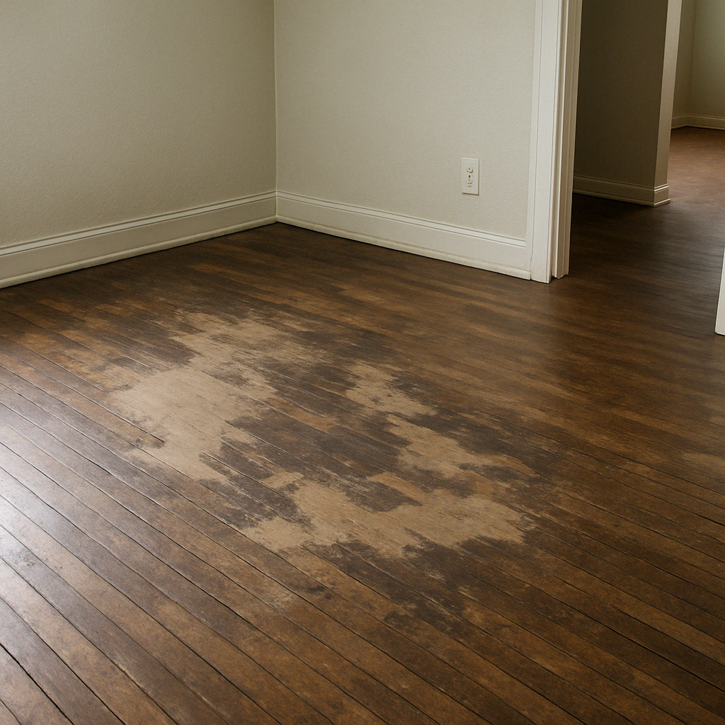 Wood floor with faded area, white trim, and off-white walls.
