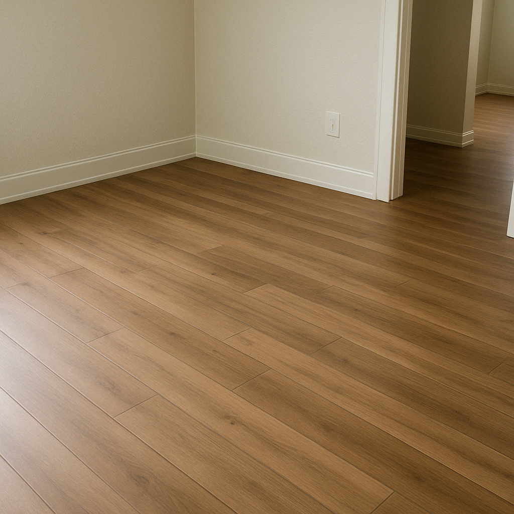 Wood-look laminate flooring in a room with light beige walls and a doorway.