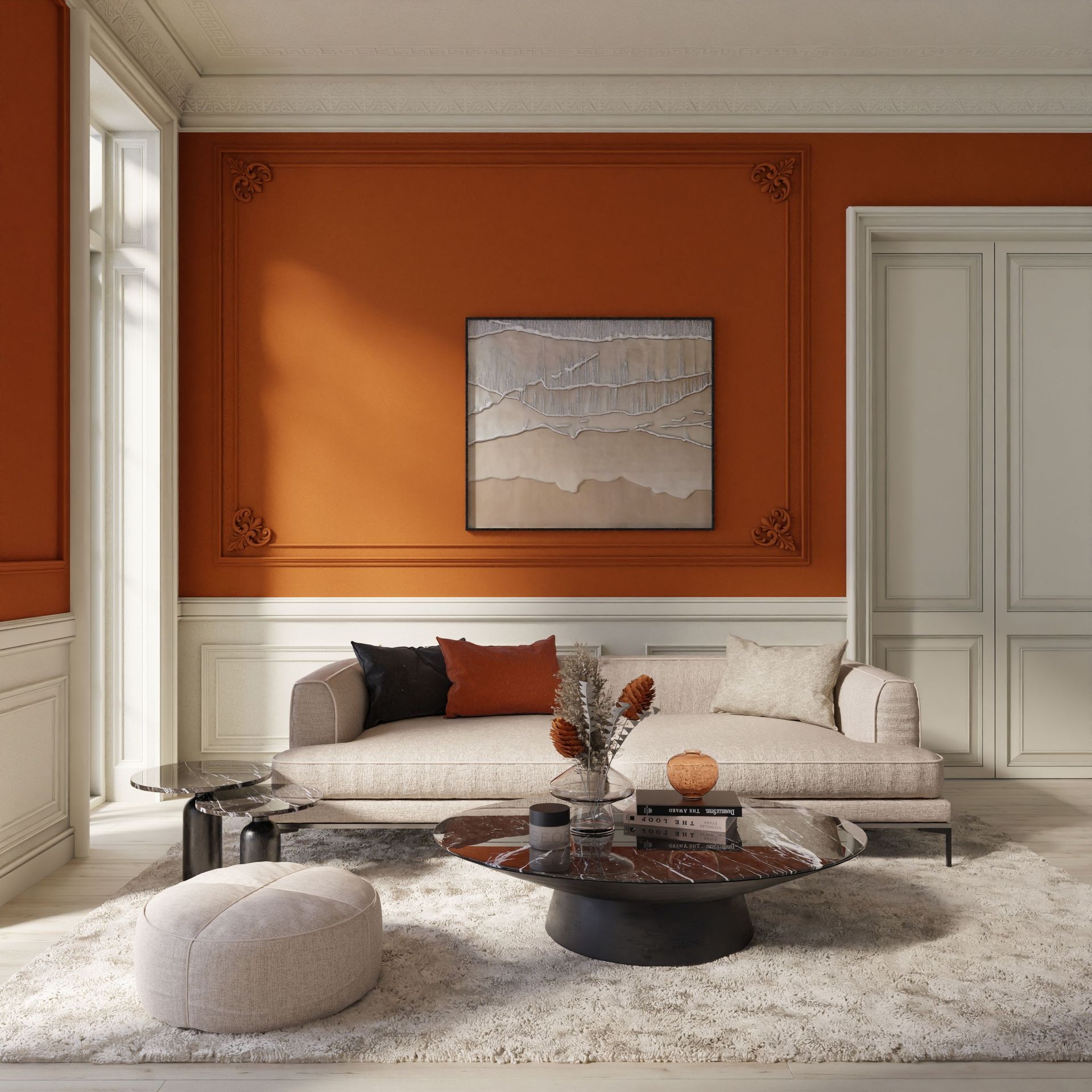 Modern living room with orange walls, cream sectional, round coffee table, and textured white rug