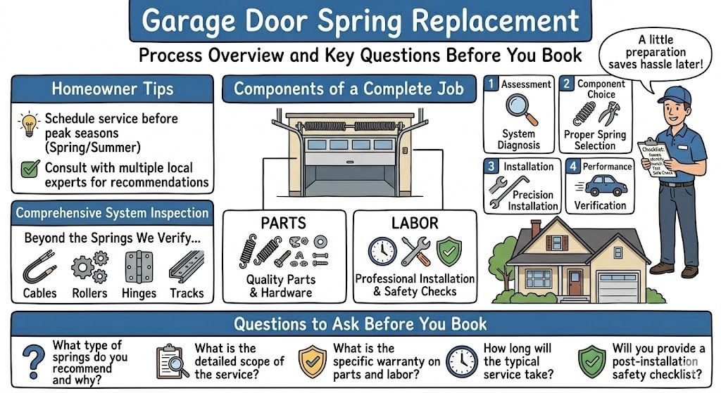 Garage Door Spring Replacement infographic with maintenance tips, parts, costs, and safety questions.