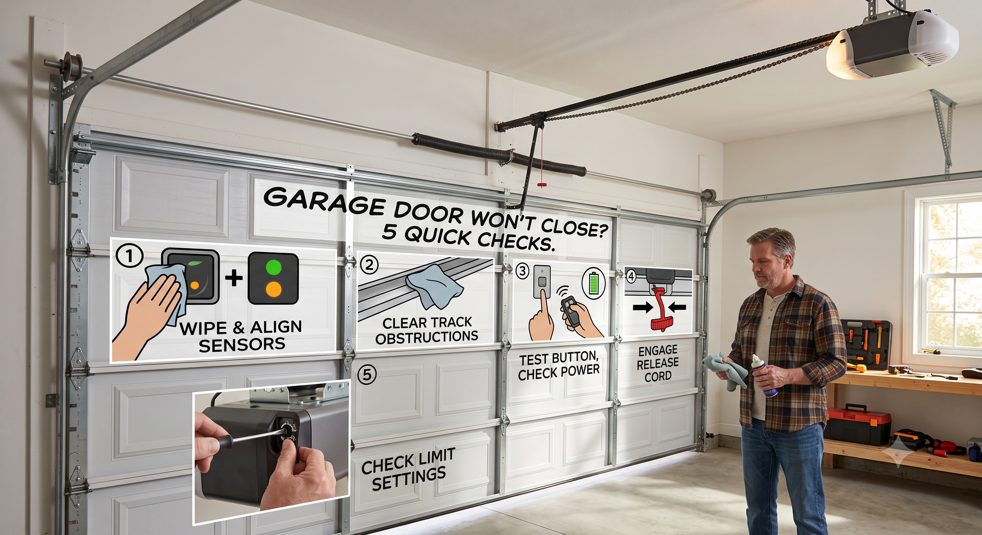 Man in plaid shirt presenting a garage door opener safety diagram in a garage workshop