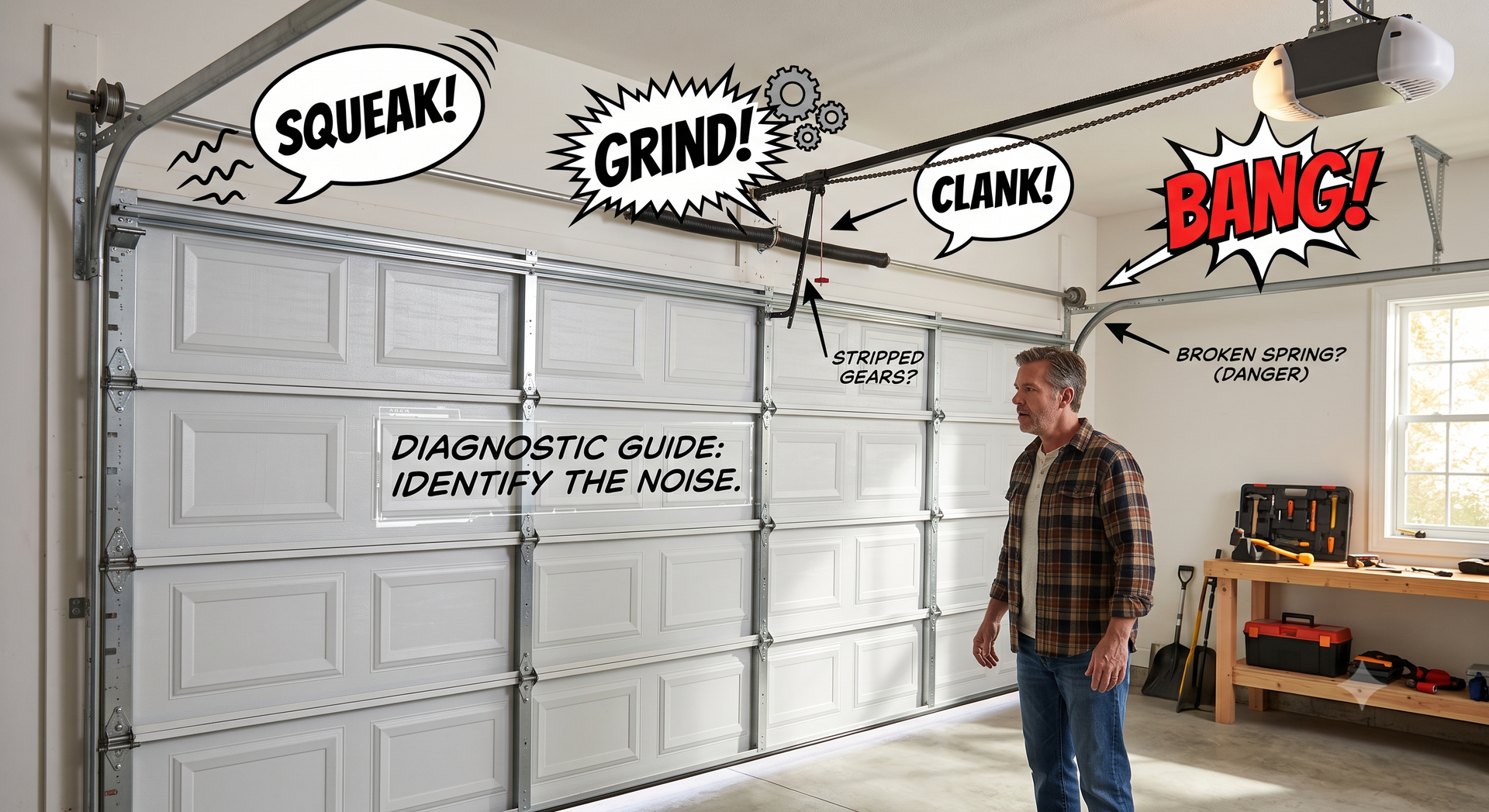Man standing in a garage beside a garage door with comic sound effects: squeak, grind, clank, bang.