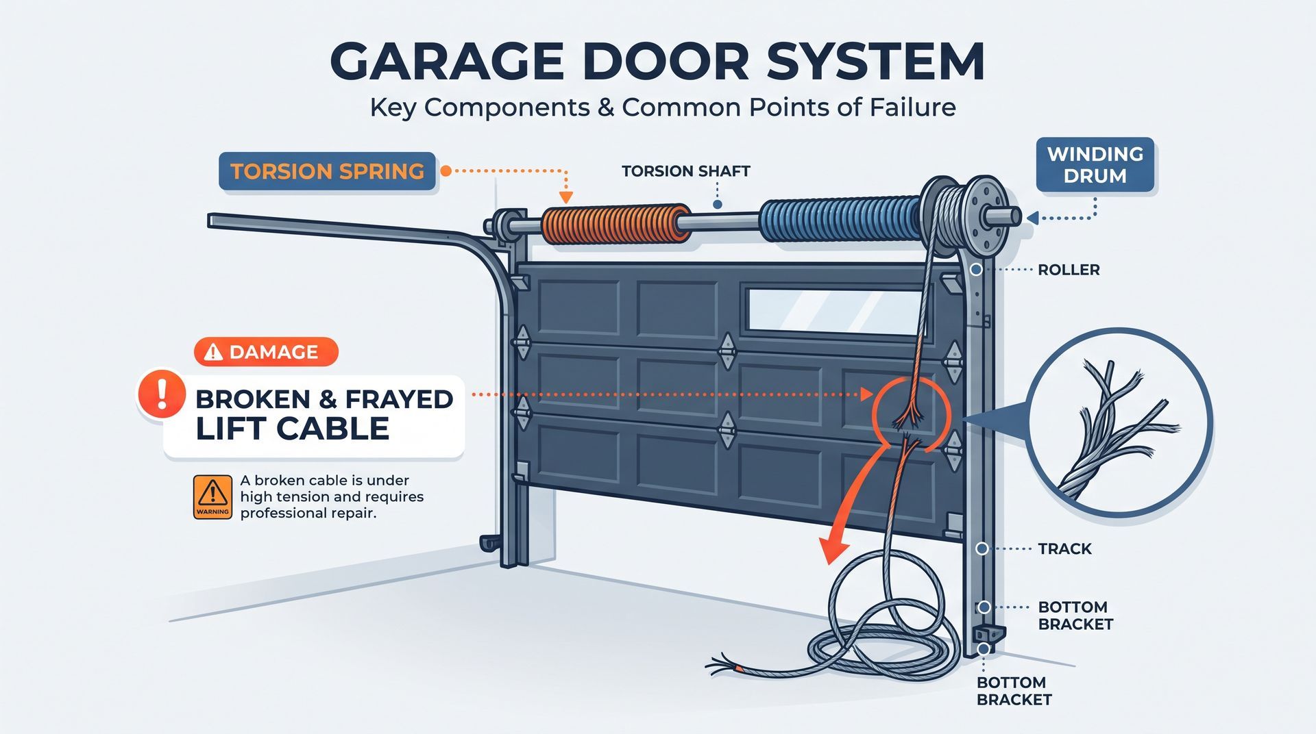 Infographic of a garage door system showing a broken, frayed lift cable and labeled parts