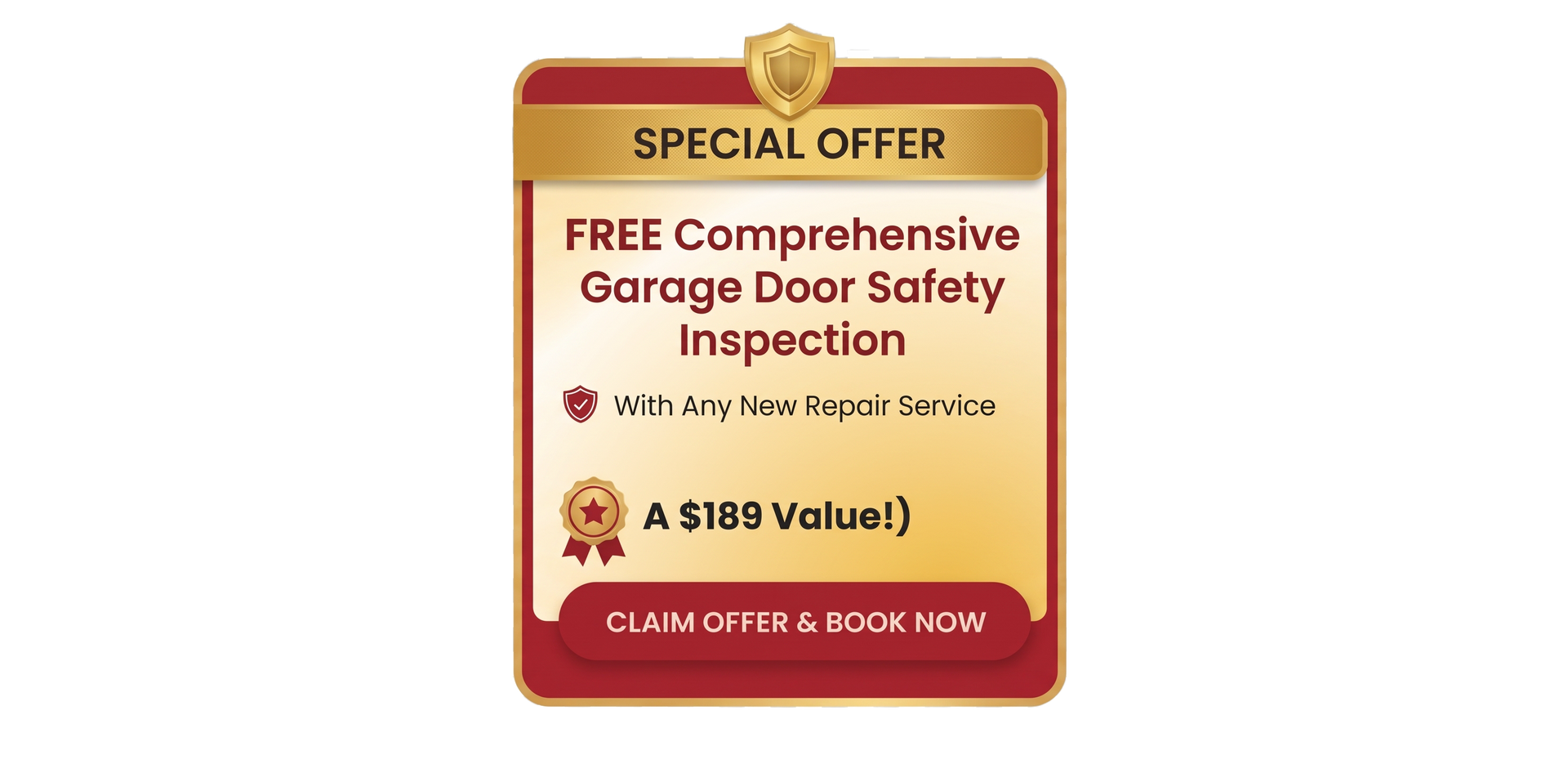 Special offer ad for free comprehensive garage door safety inspection, with a $189 value