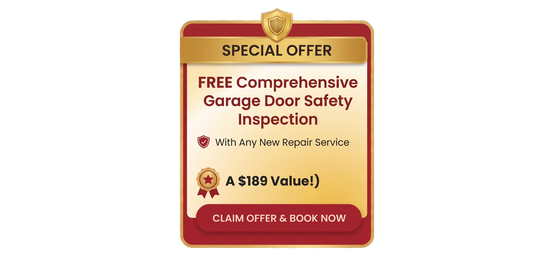 Special offer ad for free comprehensive garage door safety inspection, red and gold banner with claim button