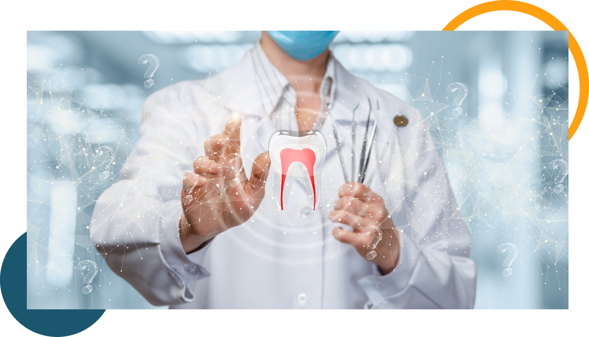 Dentist pointing toward an illuminated tooth diagram; dental tools in hand, medical setting.