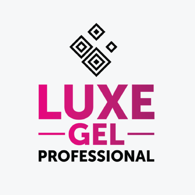 The logo for luxe gel professional is pink and black.