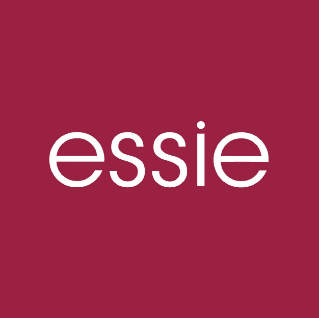 A white essie logo on a red background