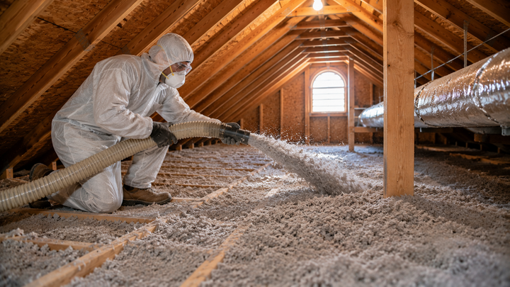 Worker in white protective suit spraying insulation foam inside a wooden wall frame.