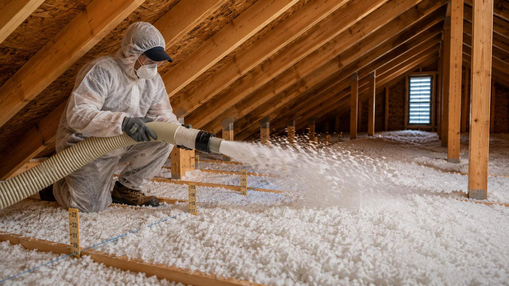 Worker in white protective suit and respirator inspecting insulation in an attic