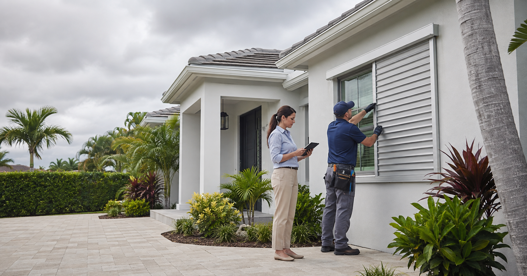 South Florida rental property with storm shutters secured before hurricane conditions and other severe weather.