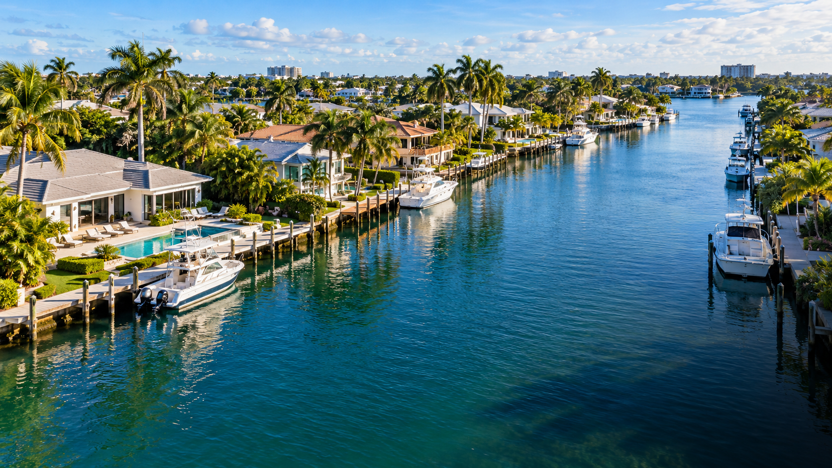 Illustration of a Fort Lauderdale-style waterfront neighborhood with homes, docks, and palms