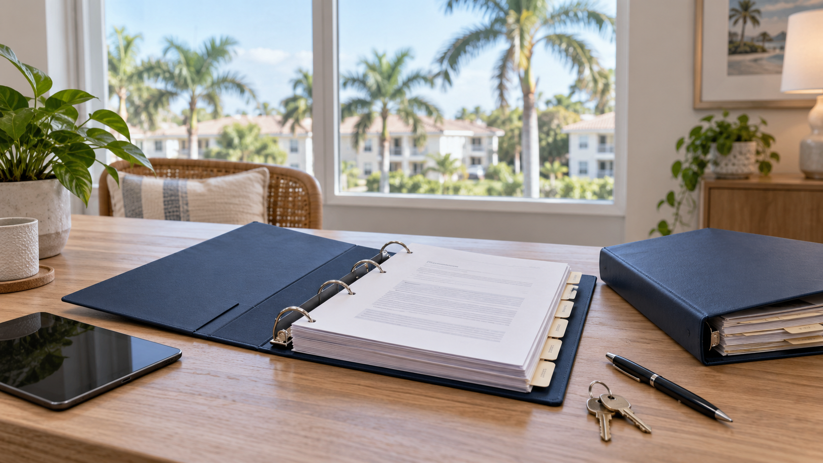 Organized property records and keys on a desk, with palm trees and residential buildings outside.