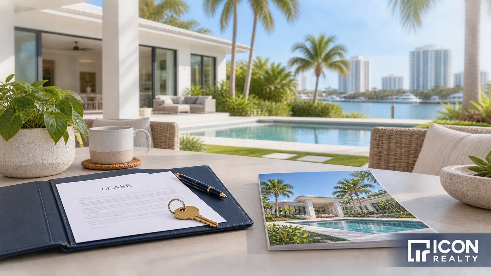 South Florida waterfront home with a lease folder, house key, sales brochure, and the Icon Realty logo.