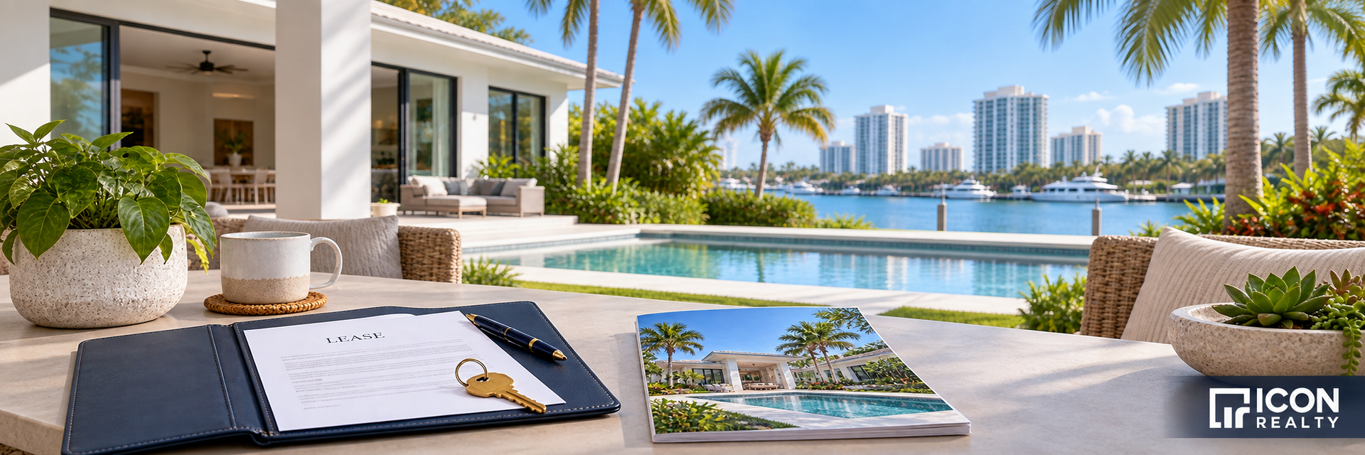 South Florida waterfront home with a lease folder, house key, sales brochure, and the Icon Realty logo.