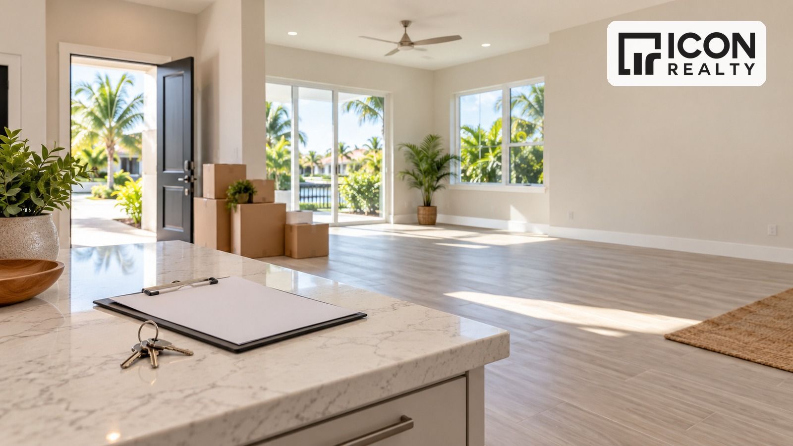 Bright South Florida rental interior with moving boxes, keys, an inspection clipboard, and the Icon Realty logo.