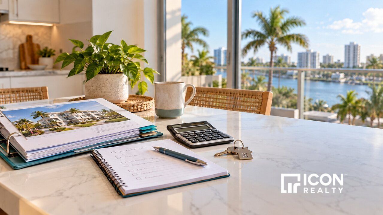 South Florida rental reserve planning with property records, calculator, keys, and Icon Realty logo.