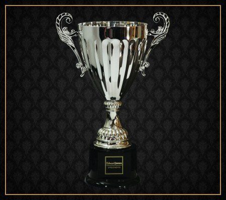 A silver trophy with the word champions on it