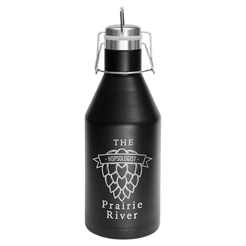 A black bottle that says the prairie river on it