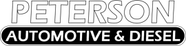 Peterson Automotive & Diesel logo in black and white with bold outlined text