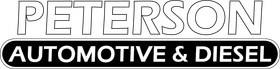 Peterson Automotive & Diesel logo in black and white with bold outlined text