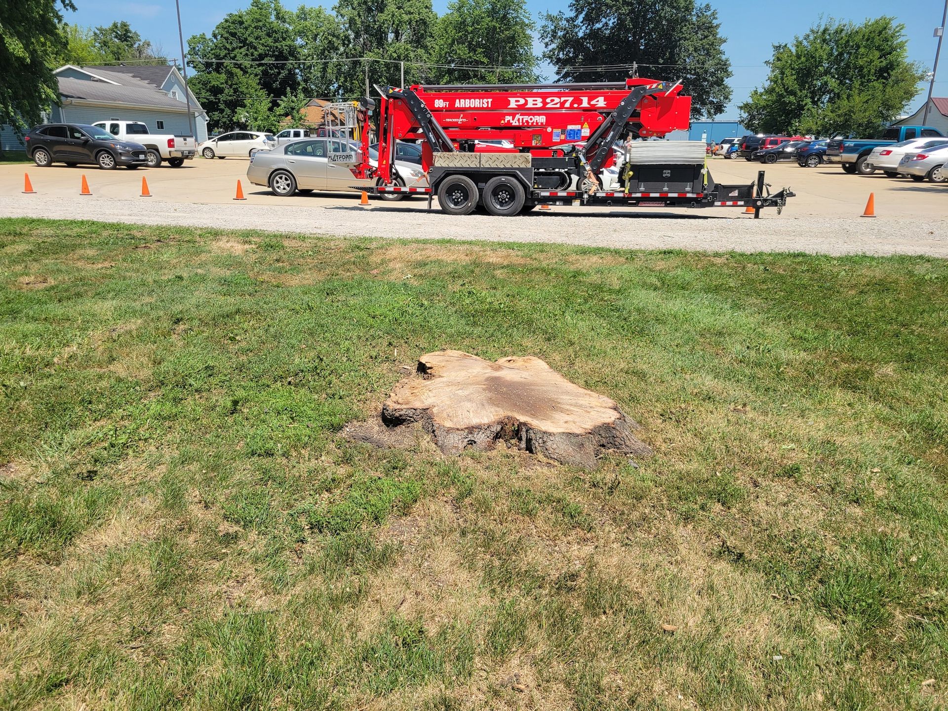 Stump in grass, with a red tree service truck on gravel in the background.