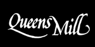 The queens mill logo is white on a black background