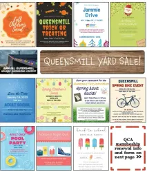 A bunch of flyers with one that says queensmill yard sale