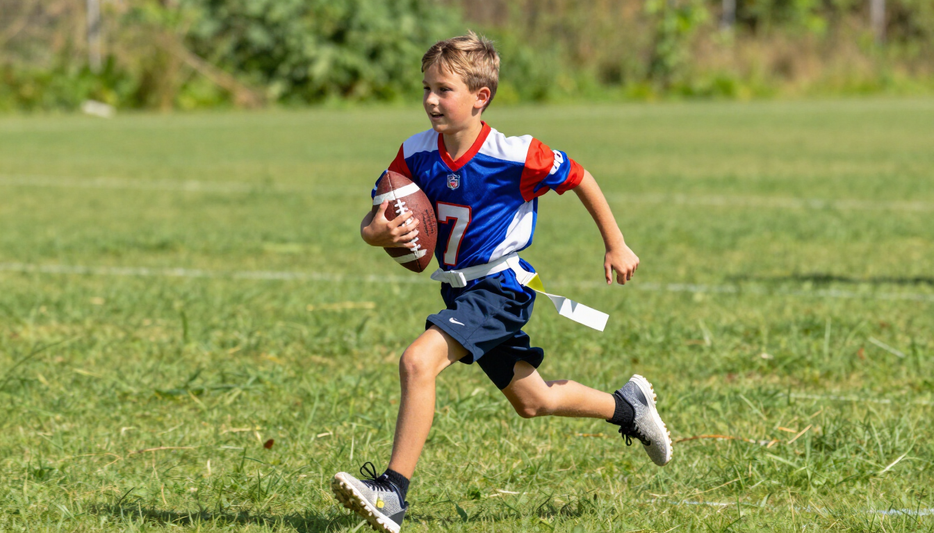 Youth athlete running with a football