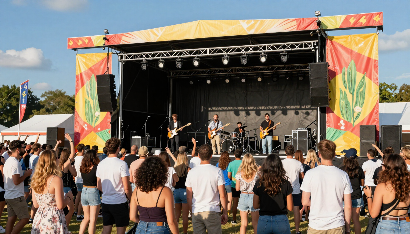 photorealistic outdoor festival stage live band performing for a large crowd of happy people sunny day festival banners