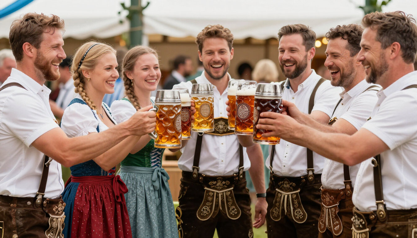 photorealistic group of people in traditional Bavarian clothing holding large beer steins in a competition smiling cheering