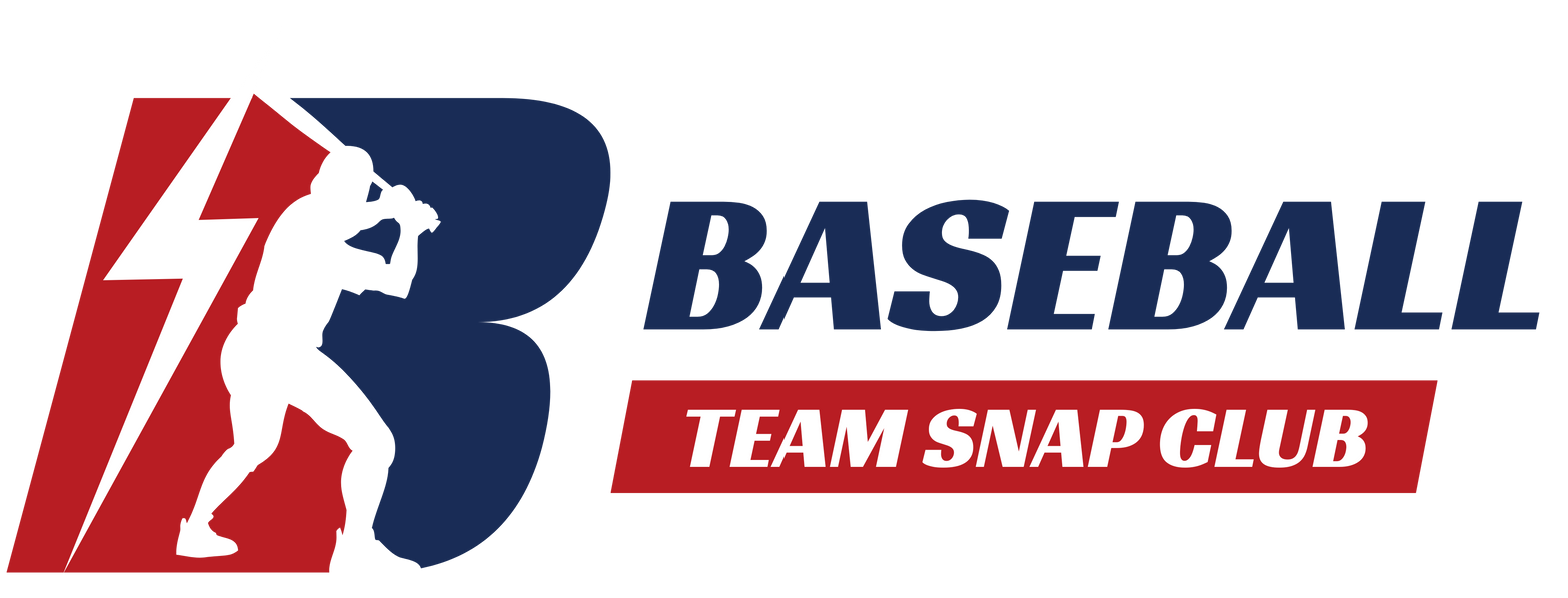 Baseball Team Swap Club logo with red and blue stylized “B” and baseball player silhouette