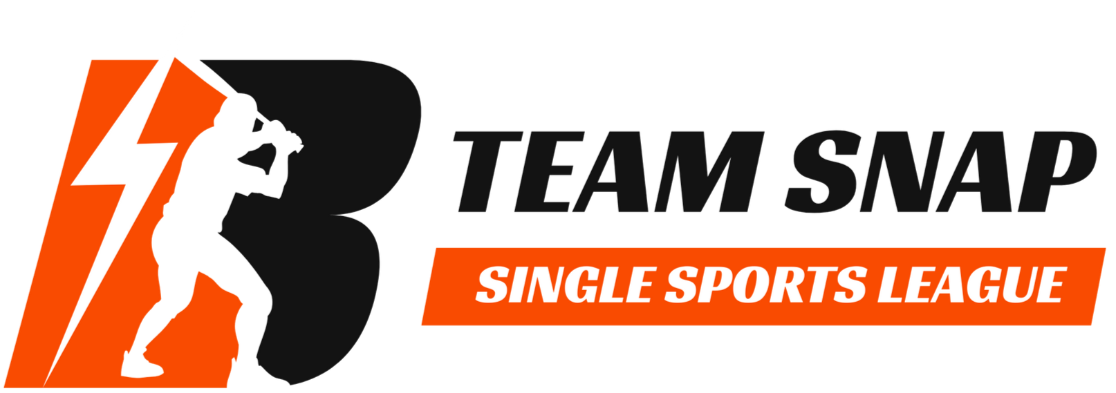 Team Snap Single Sports League logo in black, orange, and white with stylized figure icon.