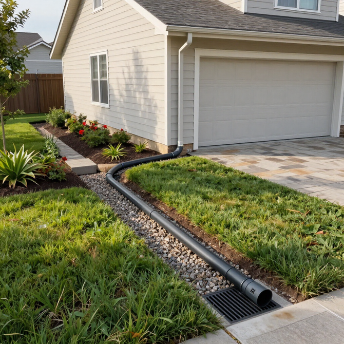 Drainage channel along a suburban house beside a garage and landscaped yard