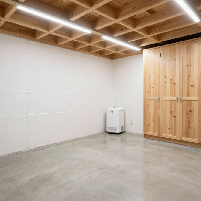 Empty modern room with white walls, concrete floor, wood ceiling beams, and a wooden closet.