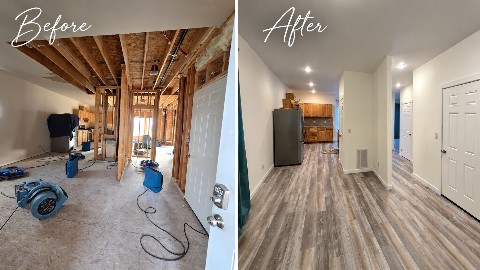 Before-and-after renovation of an unfinished room turned into a clean hallway with wood flooring and white walls.