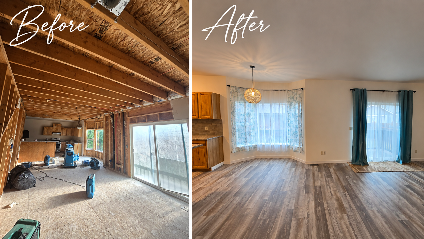 Before-and-after of a renovated room, showing exposed framing changed to a finished living space with wood floors and windows.