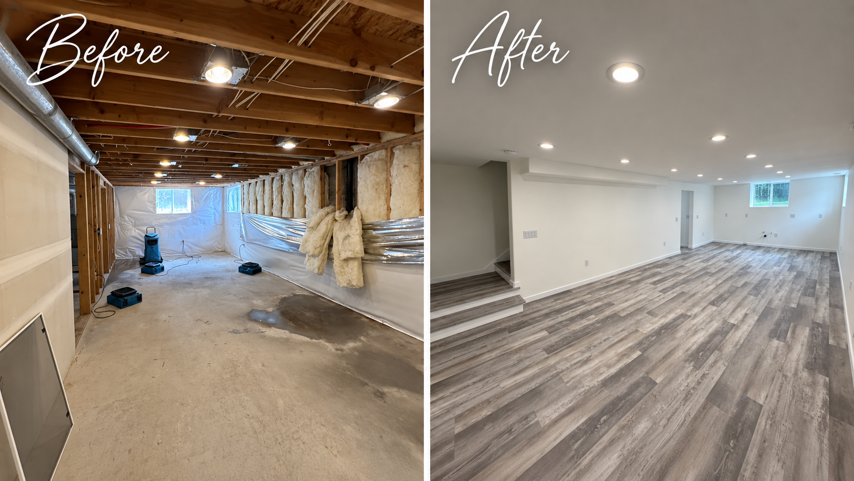 Before-and-after basement renovation: unfinished space transformed into bright, empty room with new flooring.