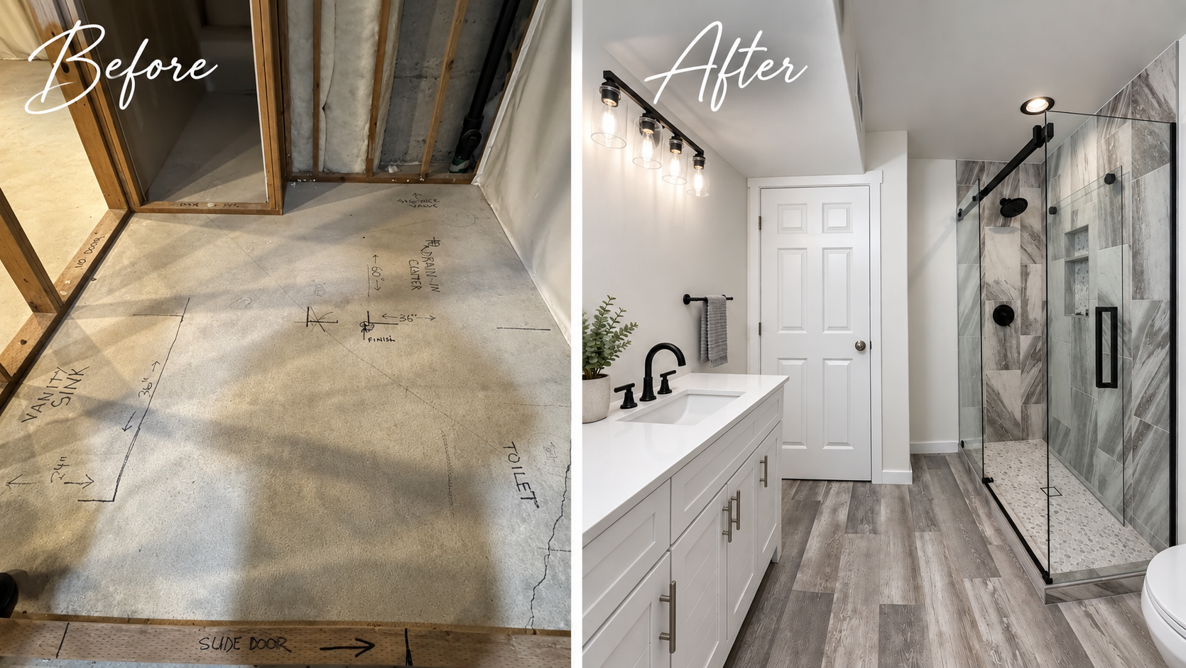 Before-and-after bathroom remodel: unfinished floor on left, bright modern bathroom on right.