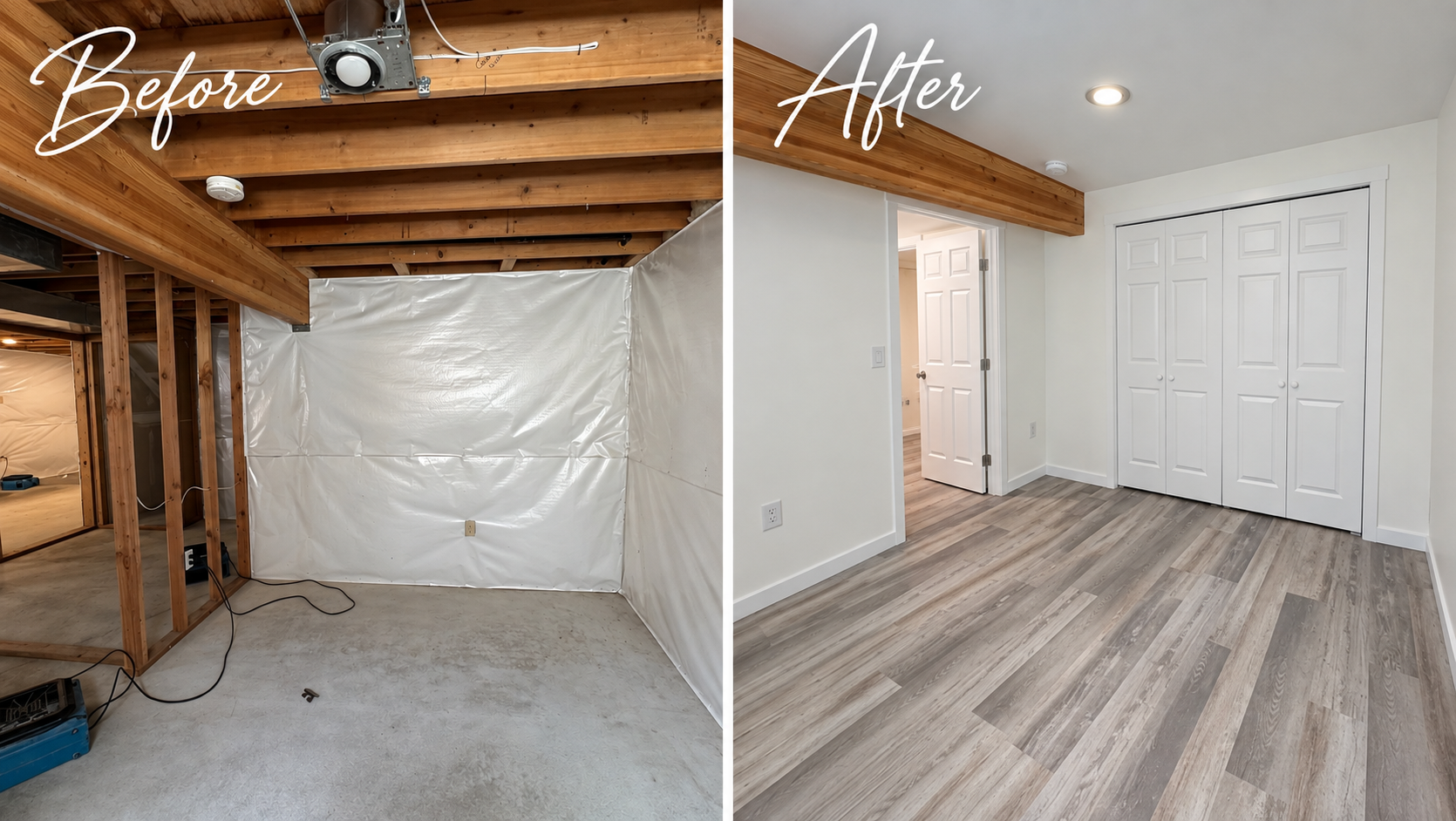 Basement room before-and-after renovation, from unfinished exposed joists to bright finished space with wood flooring.
