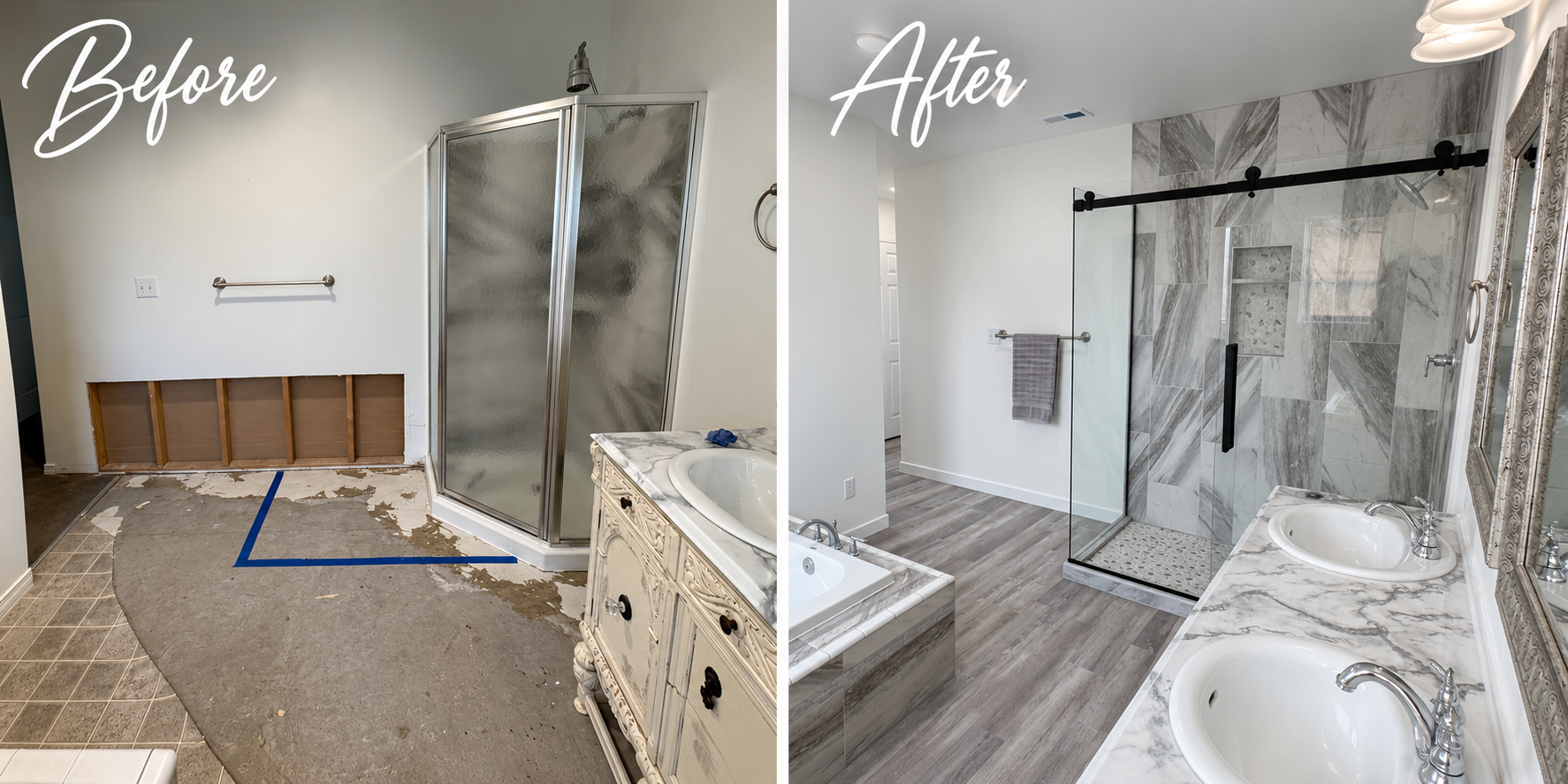 Before-and-after bathroom renovation with new tile shower, vanity, and gray flooring