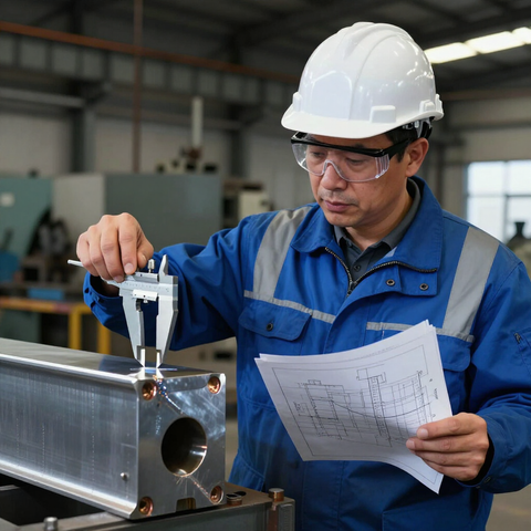 Equipo de ingeniería y fabricación metálica revisando planos